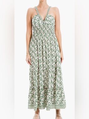 Max Studio Cream Maxi Dress with Green Leaf Print